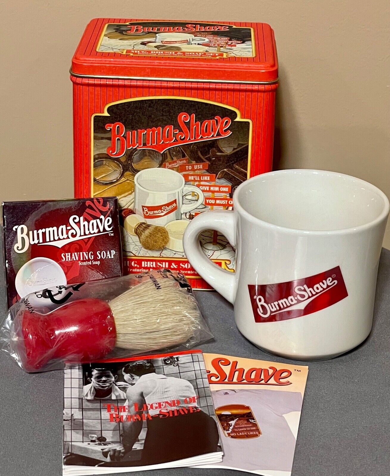 Burma Shave Gift Complete Set Mug Brush & Soap Shaving W/ Collectible Tin Box