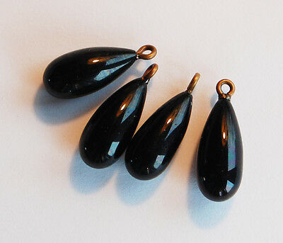 Vintage 4 Black Glass Oblong Pendant Bead Long Tear Drop • 18x8mm • Brass Cap