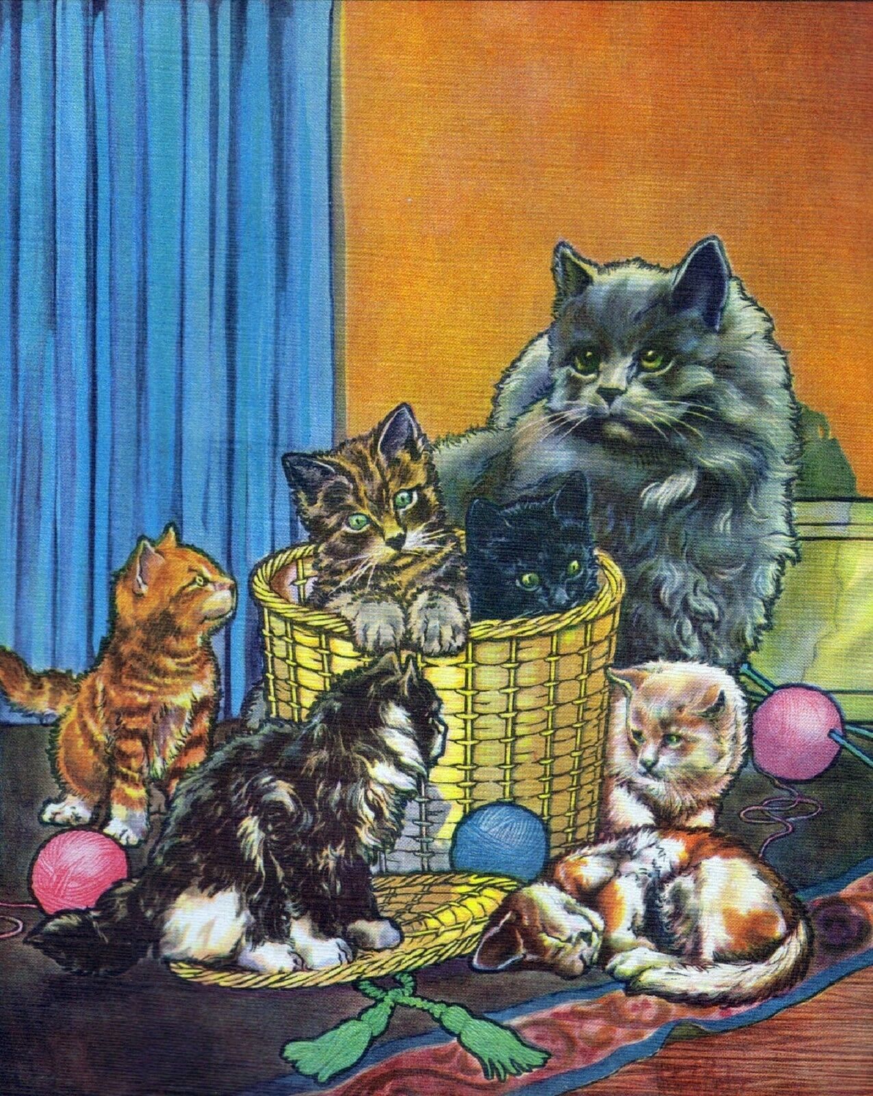 Most Gorgeous Cat Family Mom & Babies Beautiful 1943 Childrens Vintage Art Print