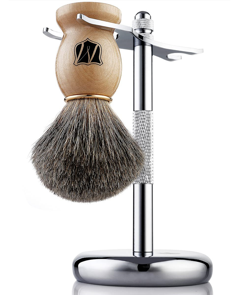 Miusco Natural Badger Hair Wet Shaving Brush And Shaving Stand Set, Chrome, With