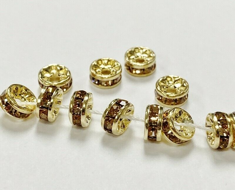 24 Vintage Austrian Topaz Rhinestone 2.5x5mm. Gold Rondelle Spacer Beads 2126