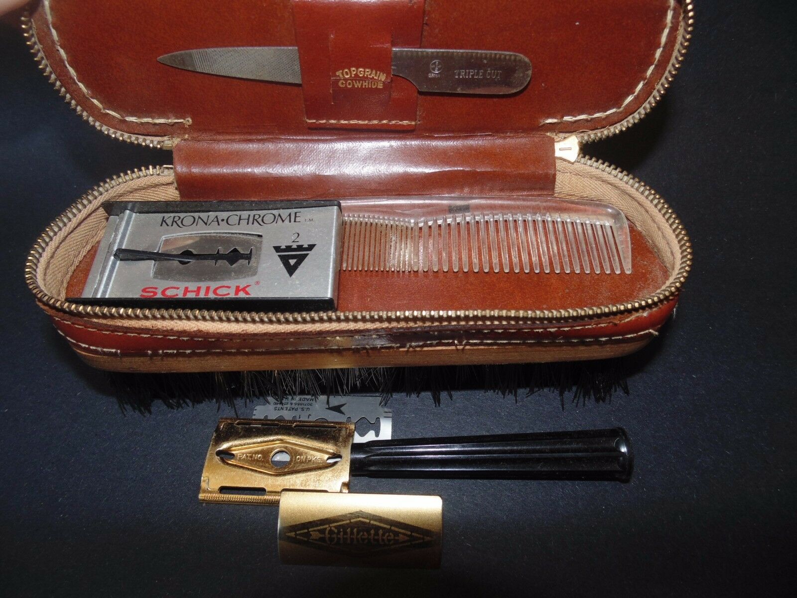 Vtg Leather Stitch Grooming Case Gillette Shaver Razor Brush Shoe Travel Bag Kit