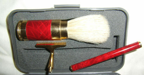 Vintage Rare Traveling Companion Shaving Brush Razor Gold Red Mirror Case Set