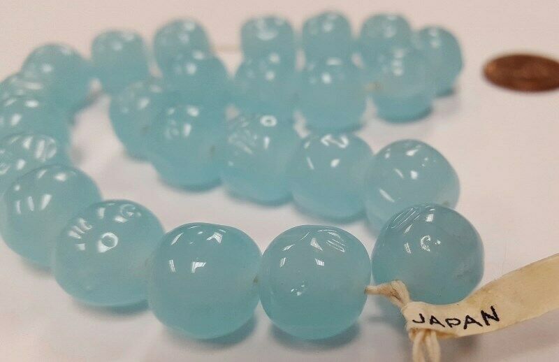 24 Vintage Japanese Cherry Brand Glass Chalcedony Blue 14mm. Baroque Beads 4604t