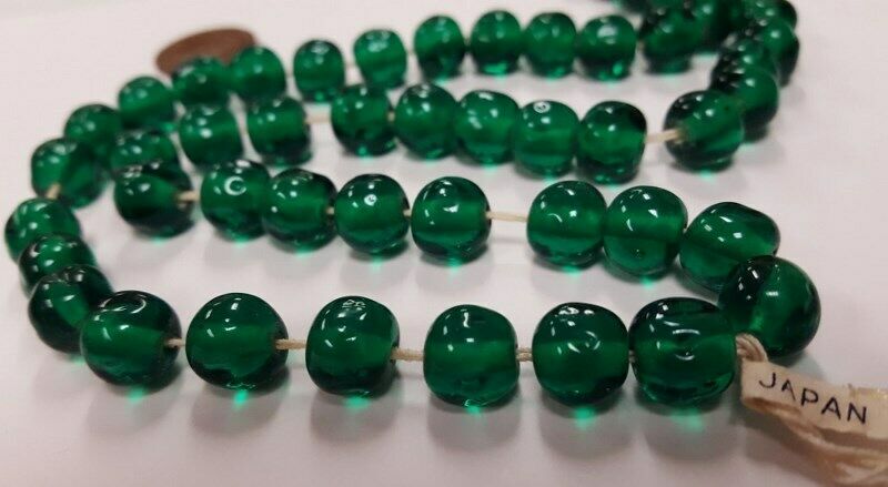 50 Vintage Japanese Cherry Brand Glass Emerald 10mm. Baroque Round Beads 4599t