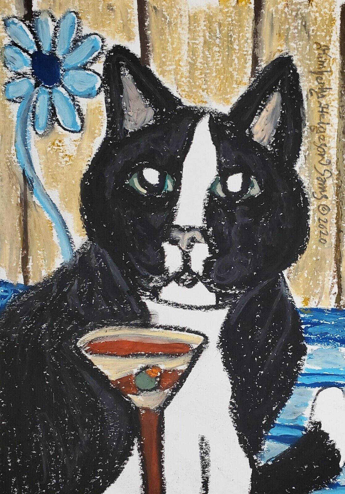 Art Print 4x6 Tuxedo Cat Drinking A Martini Cat Collectible Vintage Style Ksams