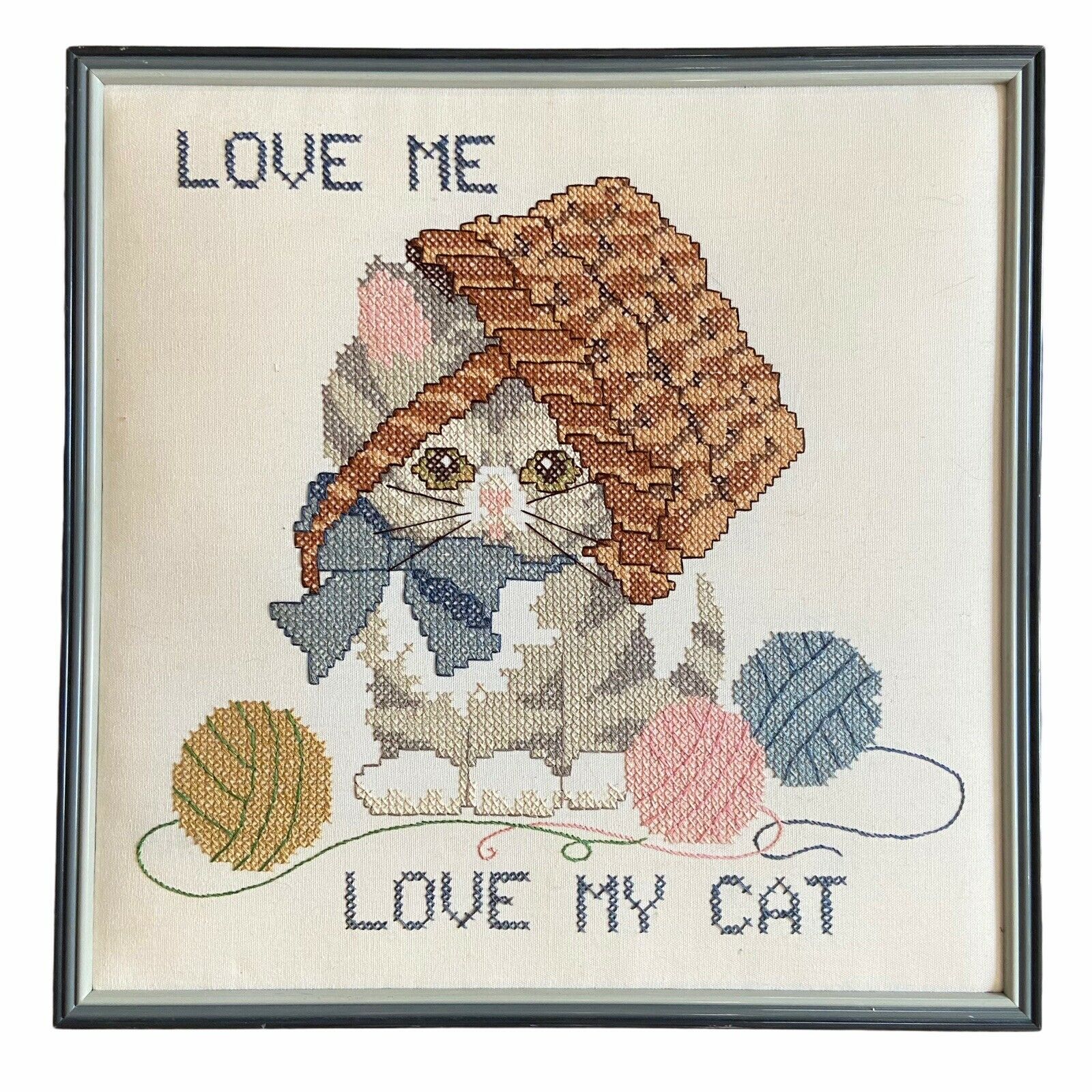 Vintage Love Me Love My Cat Cross Stich Wall Hanging 15.5”x15.5” Kitsch Cute