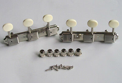 Nickel W/ Aged White 3 Per Side 3x3 On Plate Vintage Guitar Tuning Keys Tuners