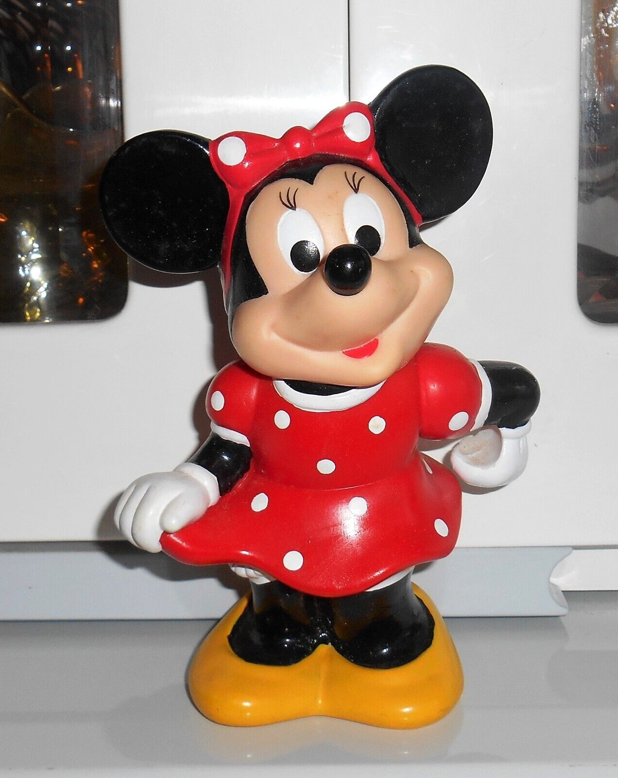 Vintage Minnie Mouse Coin Bank Hard Plastic 6" Red Dress W Polka Dots